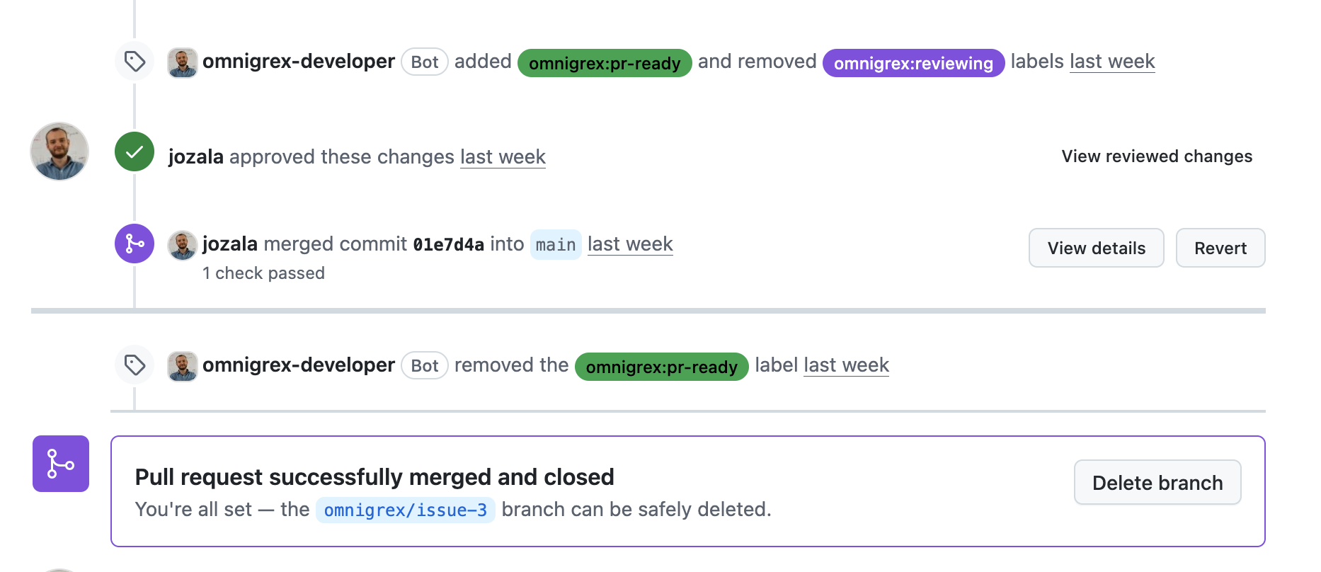 GitHub pull request timeline showing the omnigrex:pr-ready label, human approval, and the successful merge of Omnigrex's first contribution to itself.